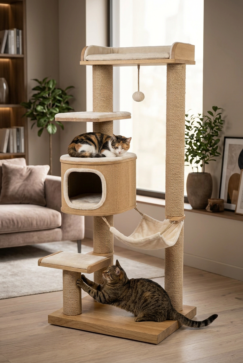 Two cats scratching and resting at different levels