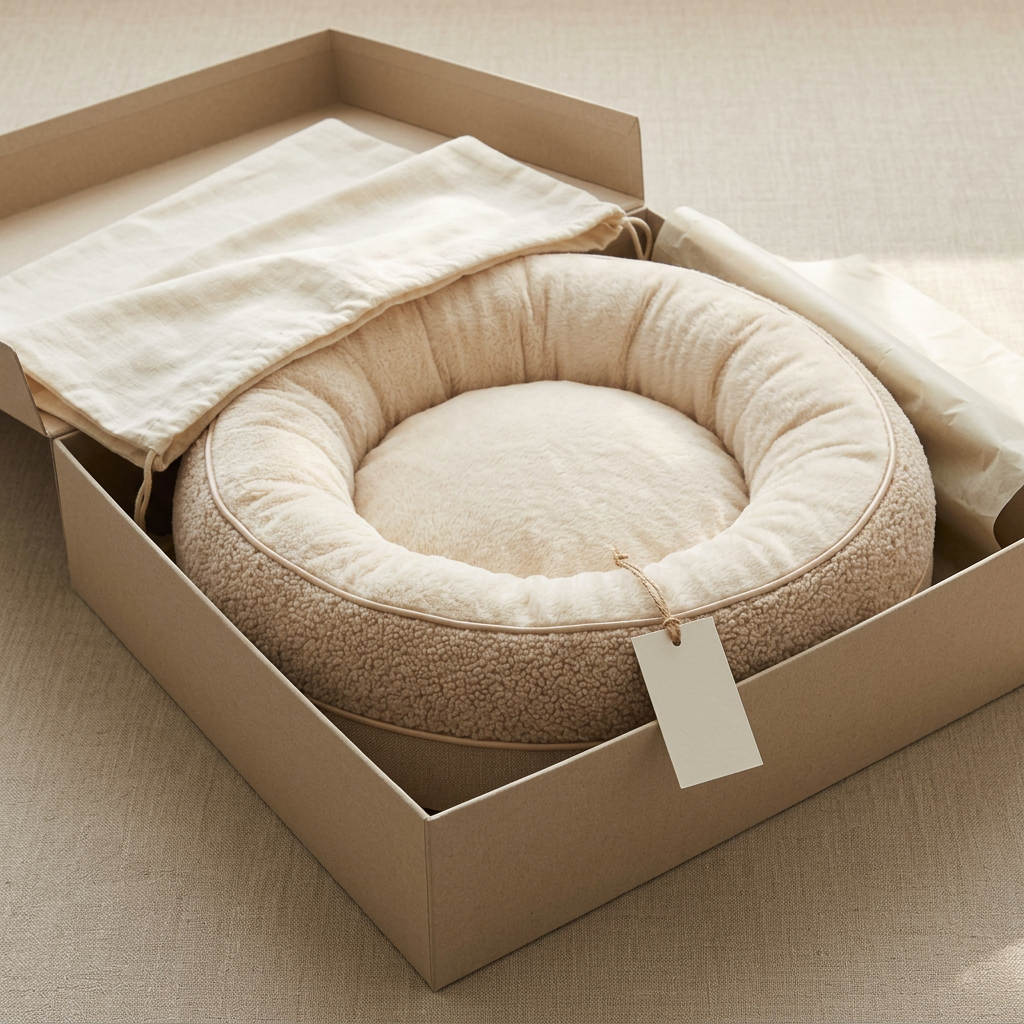 Pet bed with oatmeal packaging and cream dust bag