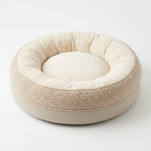 Cream plush round donut pet bed on white
