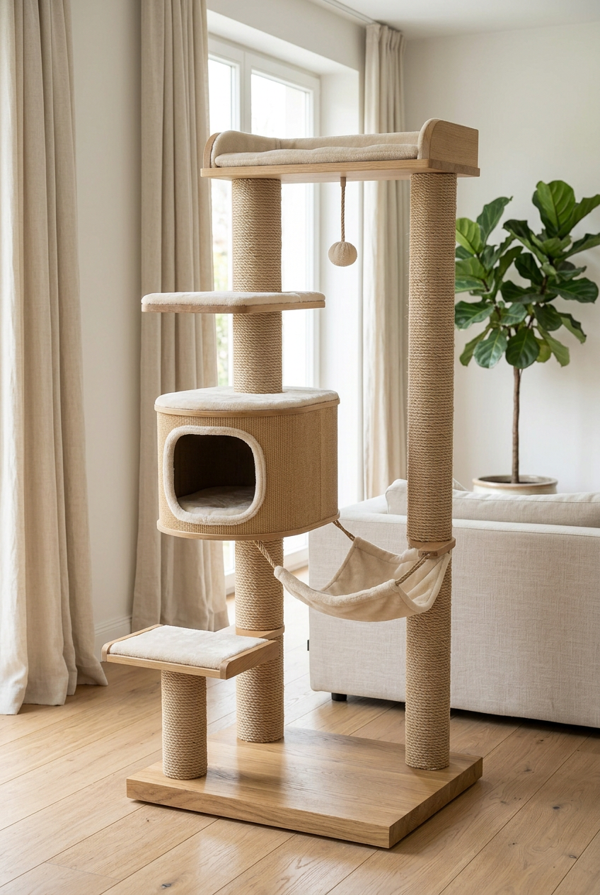 Cat tree beside a cream sofa in a modern home