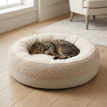 Tabby cat asleep in the round bolster bed