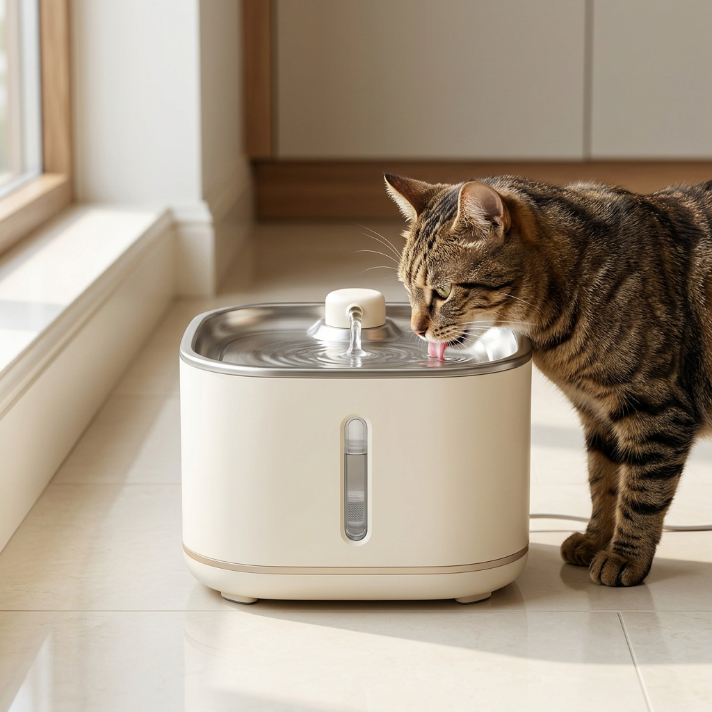 Tabby cat drinking from the fountain
