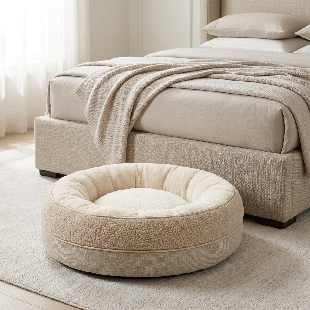 Plush pet bed beside an upholstered bed