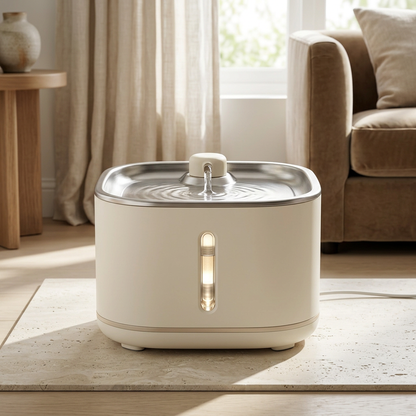 Pet fountain beside a bright living-room window