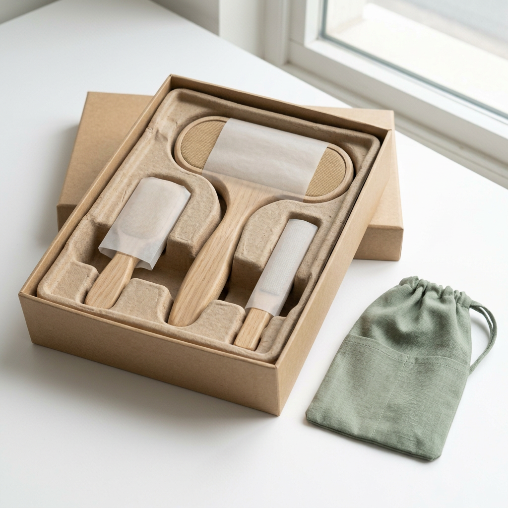 Wooden hair-removal tools in fitted paper packaging with sage pouch