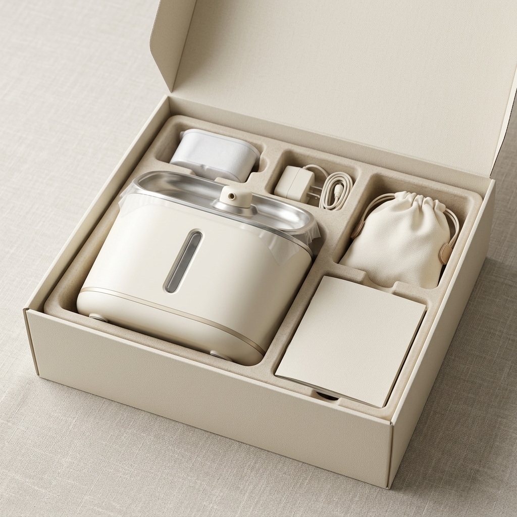 Fountain in fitted protective packaging with organized accessories