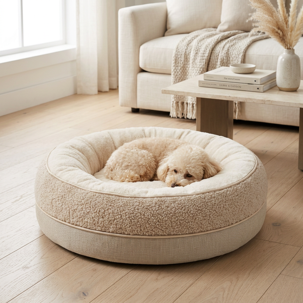 Small poodle curled in the plush pet bed