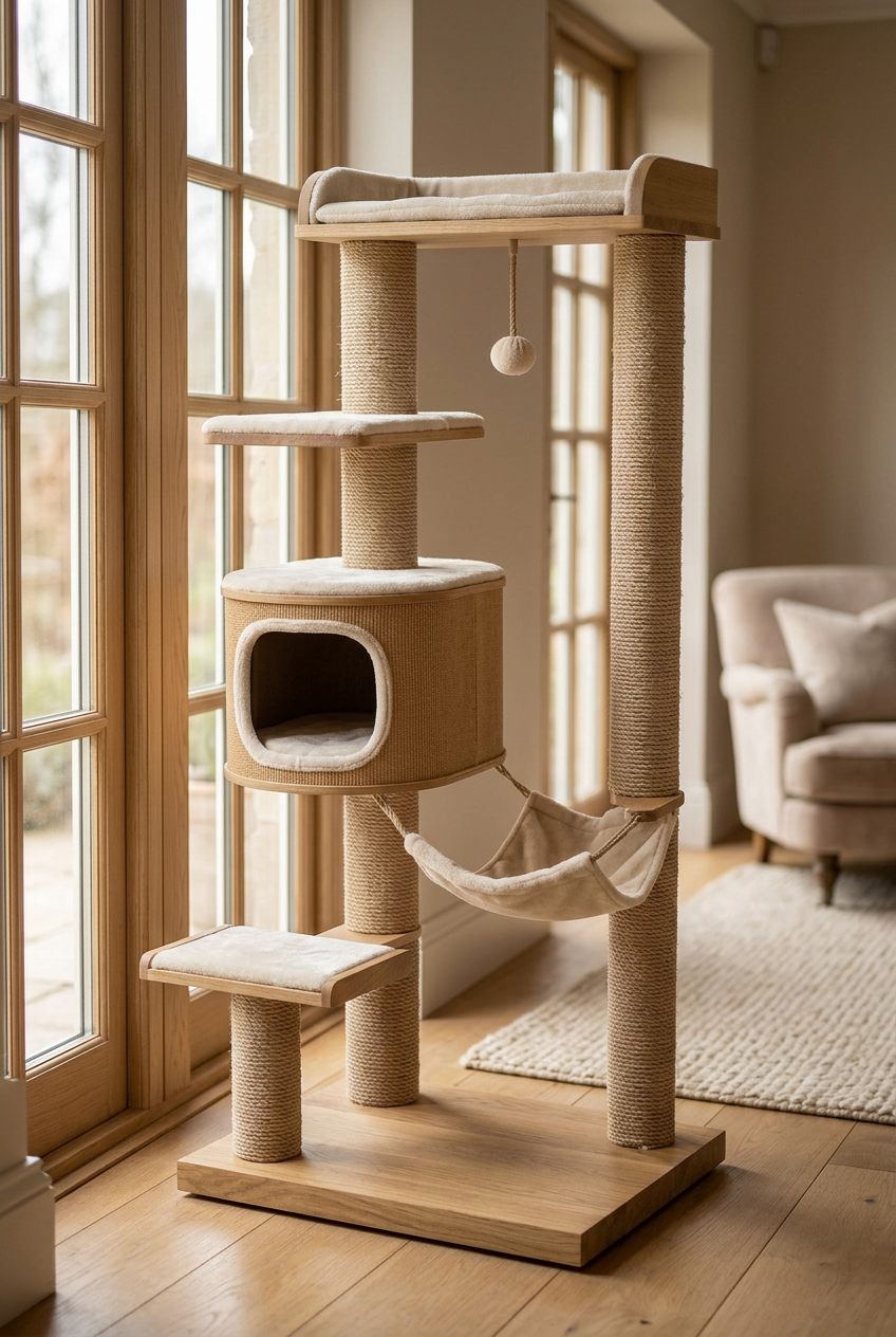 Cat tree beside a bright window