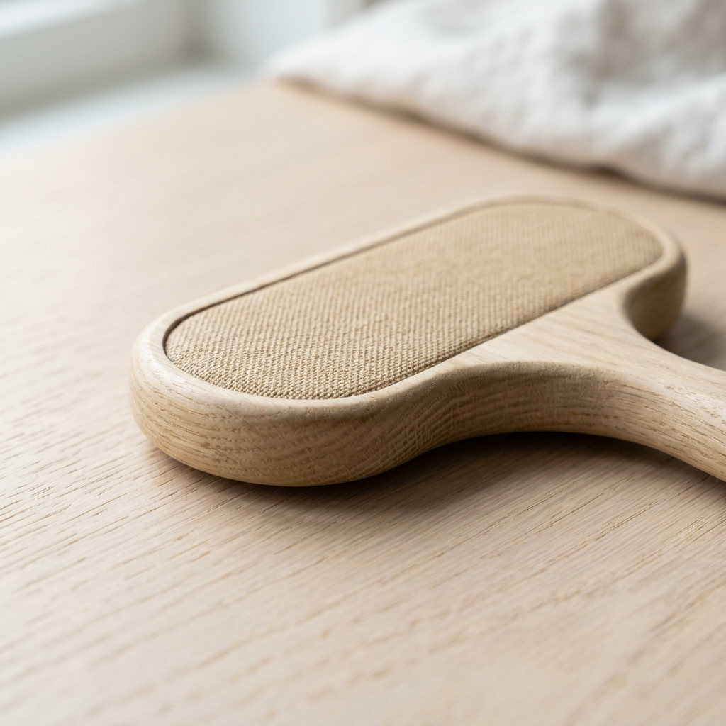 Natural wood grain and beige cleaning textile close-up